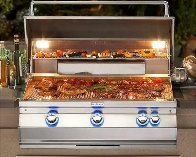 Fire Magic Aurora A790i 3 Burner Built-In BBQ Grill with H-Shaped Burners, Analog Thermometer, Backburner & Rotisserie Kit - Image 2