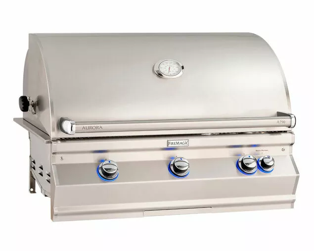 Fire Magic Aurora A790i 3 Burner Built-In BBQ Grill with H-Shaped Burners, Analog Thermometer, Backburner & Rotisserie Kit