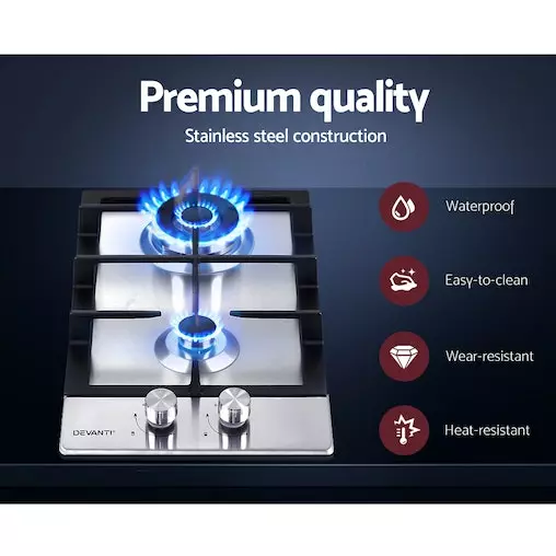 Devanti 30cm 2 Burner Gas Cooktop | Steel Gas Stove Cooker | NG/LPG Compatible - Image 4